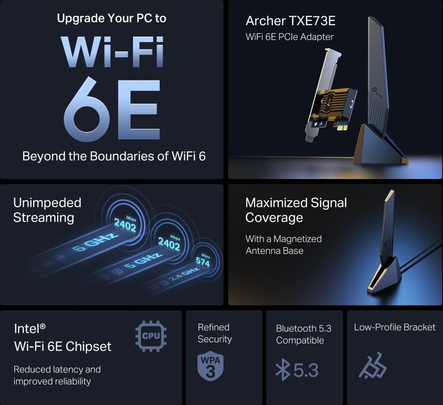 TP-Link Archer TXE73E WiFi6E PCIe adapter (AXE5400,2,4GHz/5GHz/6GHz,Bluetooth5.3)