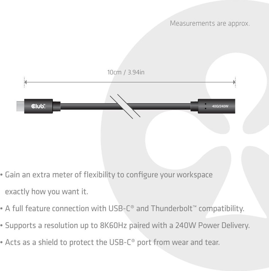 Club 3D Club3D Prodlužovací kabel USB-C 8K60Hz, 40Gbps, Power Delivery 240W, (M/F), 100cm