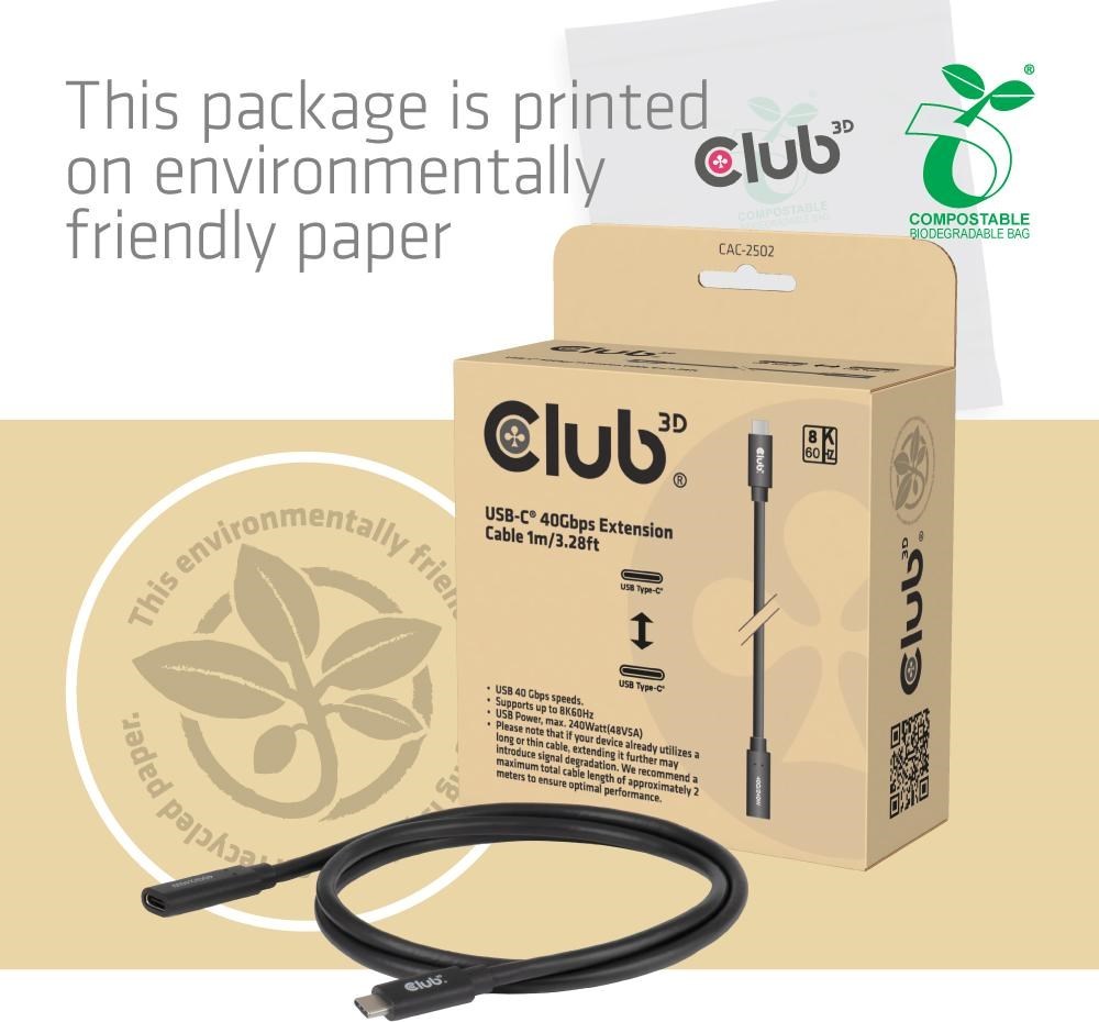 Club 3D Club3D Prodlužovací kabel USB-C 8K60Hz, 40Gbps, Power Delivery 240W, (M/F), 100cm