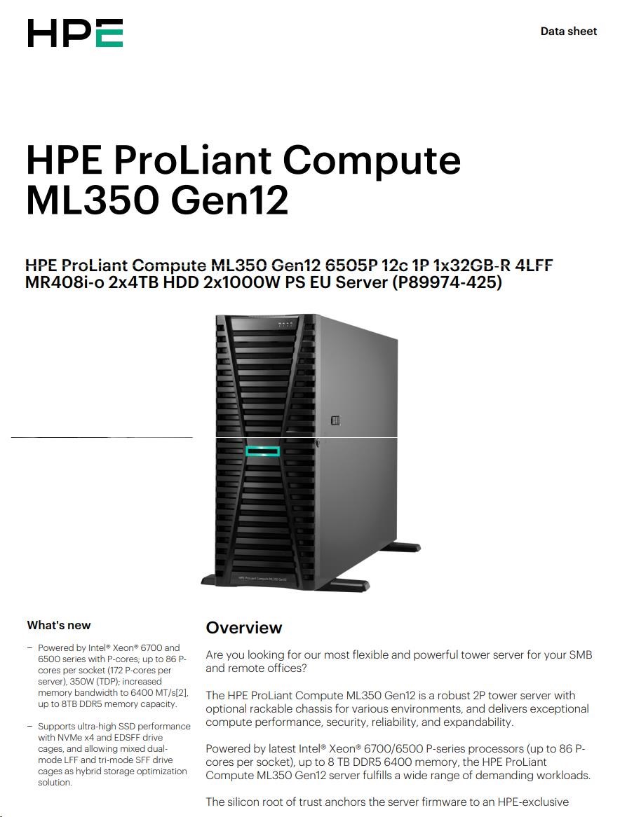 Hewlett Packard Enterprise HPE PL ML350g12 6505P (2.2/12C) 1x32G (P69727) 2x4TB 4LFF MR408i-o2x1000W 1GbE NBD333 Smart Choice