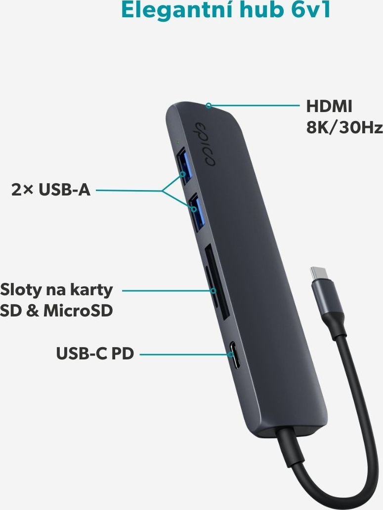 Epico 6v1 hliníkový USB-C 8K hub - inkoustová