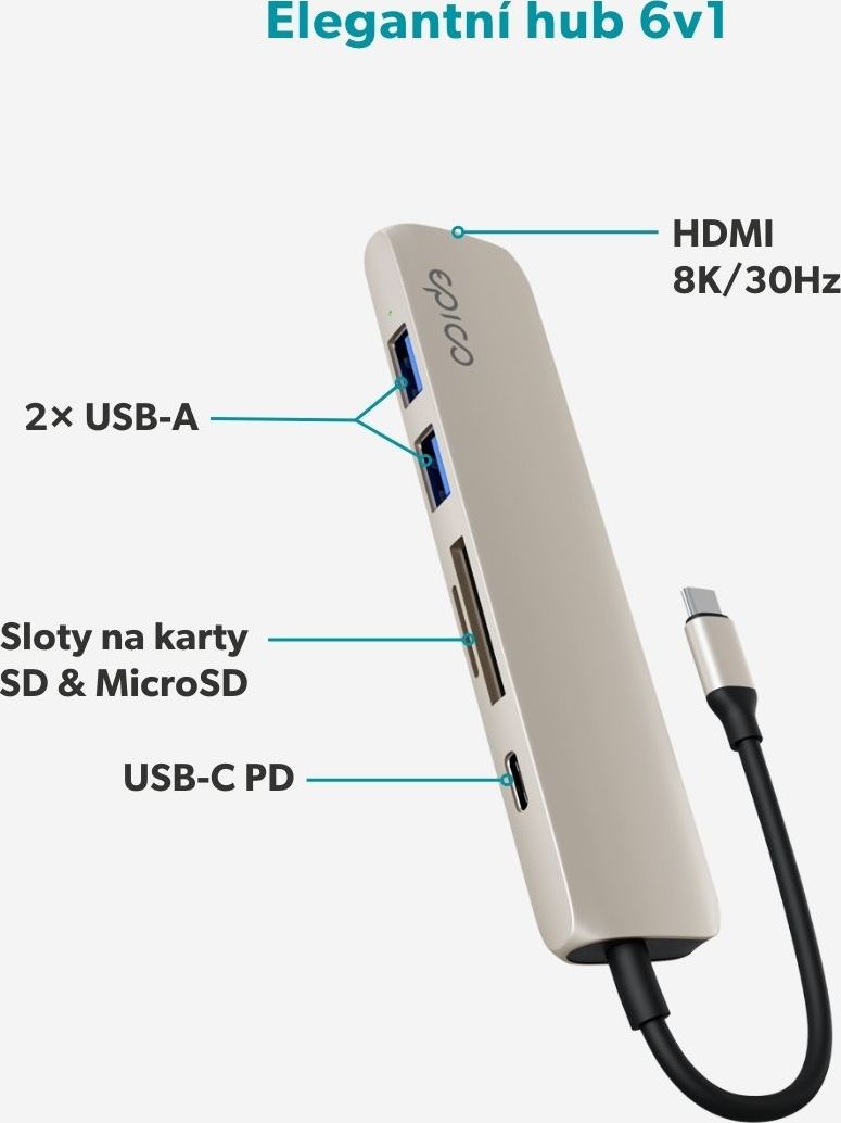 Epico 6v1 hliníkový USB-C 8K hub - bílá