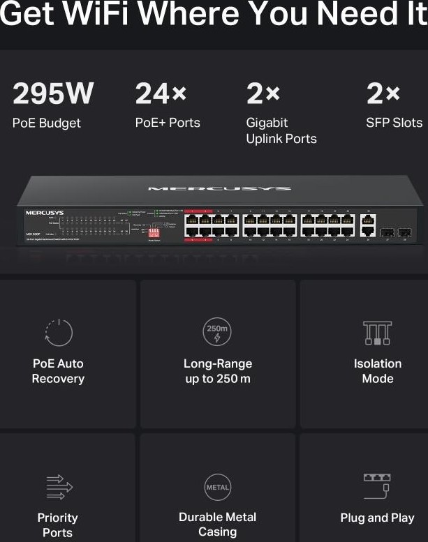 MERCUSYS switch MS128GP (24xGbE,24xPoE+,2xGbE,2xSFP,295W)