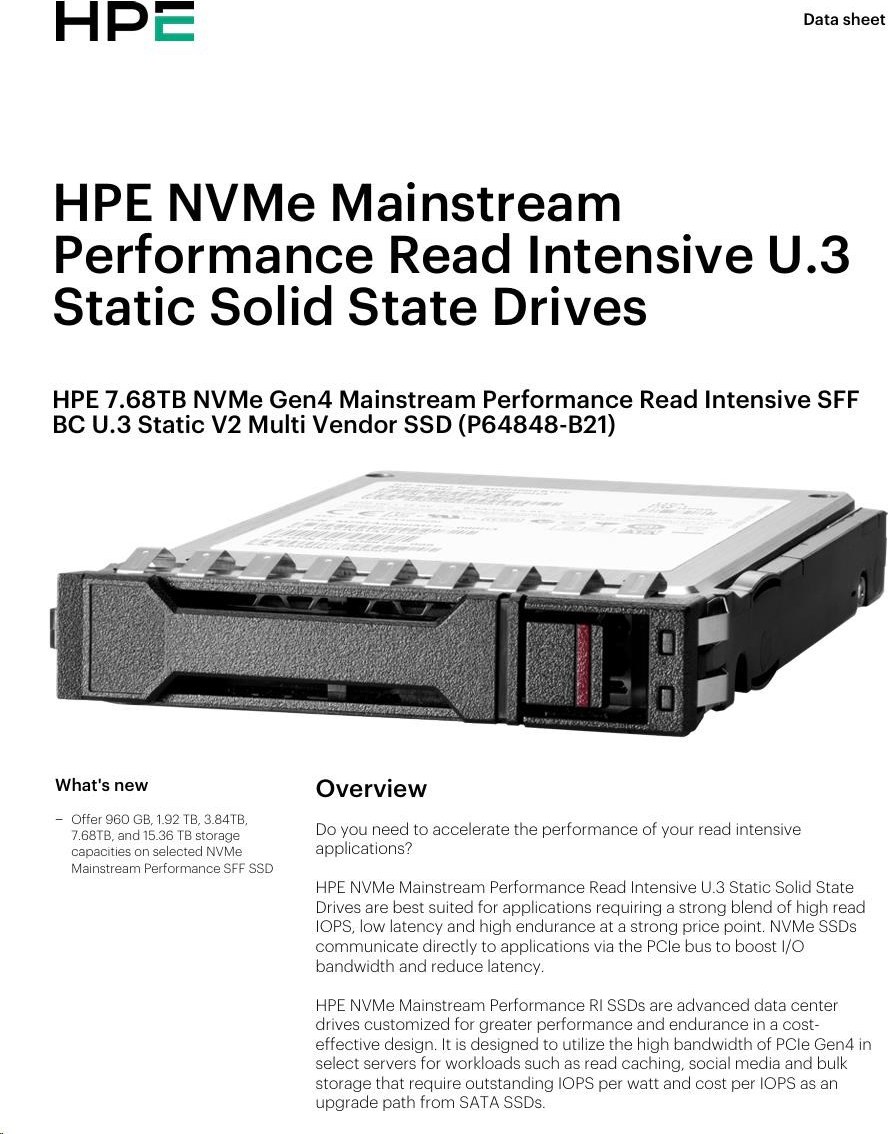 Hewlett Packard Enterprise HPE 7.68TB NVMe Gen4 Mainstream Performance Read Intensive SFF BC U.3 Static V2 Multi Vendor SSD