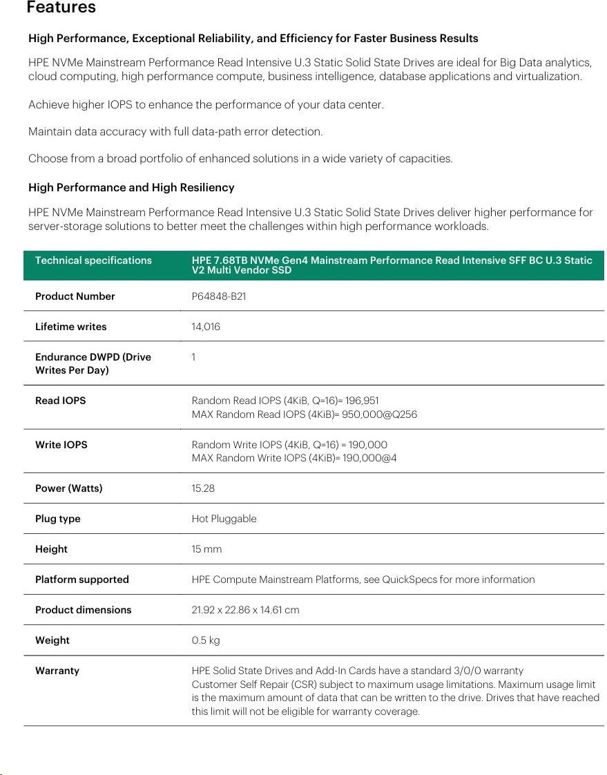 Hewlett Packard Enterprise HPE 7.68TB NVMe Gen4 Mainstream Performance Read Intensive SFF BC U.3 Static V2 Multi Vendor SSD