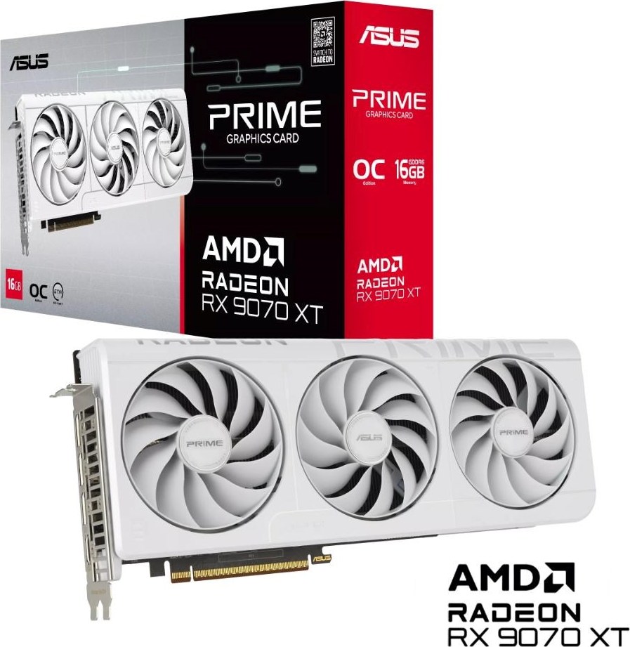 ASUS VGA AMD RADEON RX 9070 XT PRIME 16GB OC WHITE, RX 9070 XT, 16GB GDDR6, 3xDP, 1xHDMI