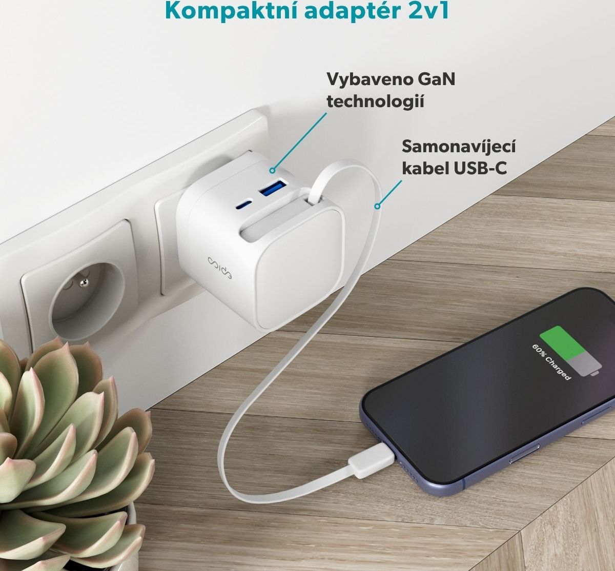 Epico UltraBoost Retractable GaN 65W adaptér EA65c se zabudovaným kabelem