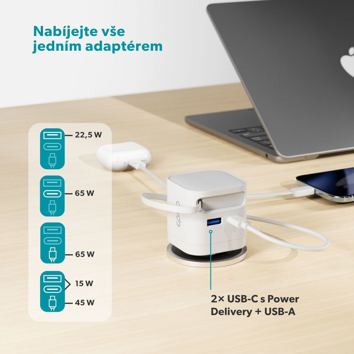 Epico UltraBoost Retractable GaN 65W adaptér EA65c se zabudovaným kabelem