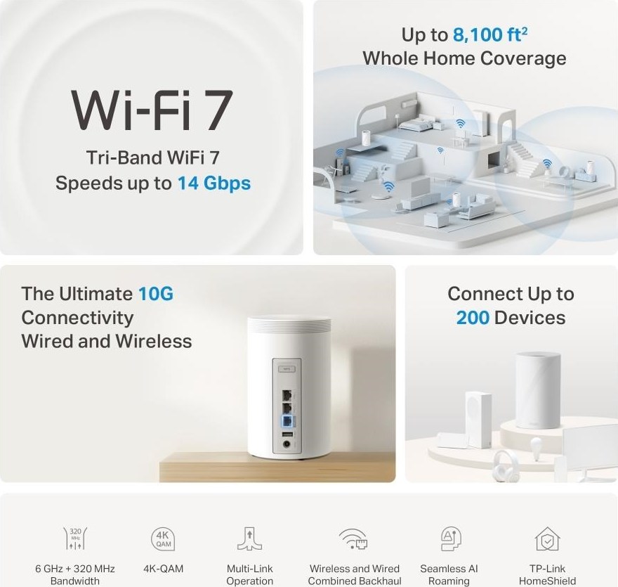 TP-Link Deco BE68(3-pack) WiFi7 Mesh(BE14000,2,4GHz/5GHz/6GHz,1x10GbELAN/WAN,1x2,5GbELAN/WAN,1xGbELAN/WAN,1xUSB3.0)