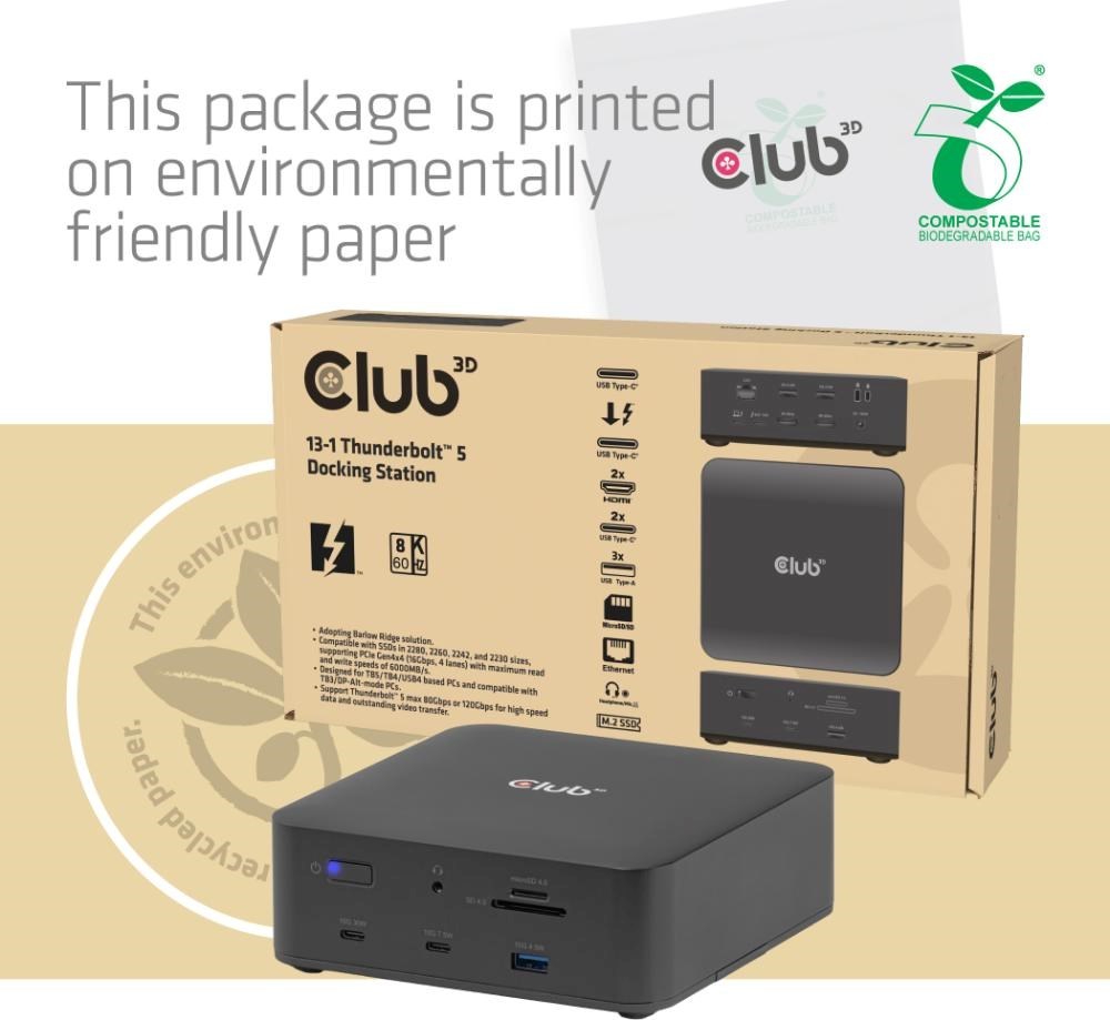 Club 3D Club3D Dokovací stanice Thunderbolt 5 13v1, 1x M.2 SSD slot, 1xUSB-C TB5, 2xUSB-C,3xUSB-A,2xHDMI,1xmicroSD/SD,1xEthernet