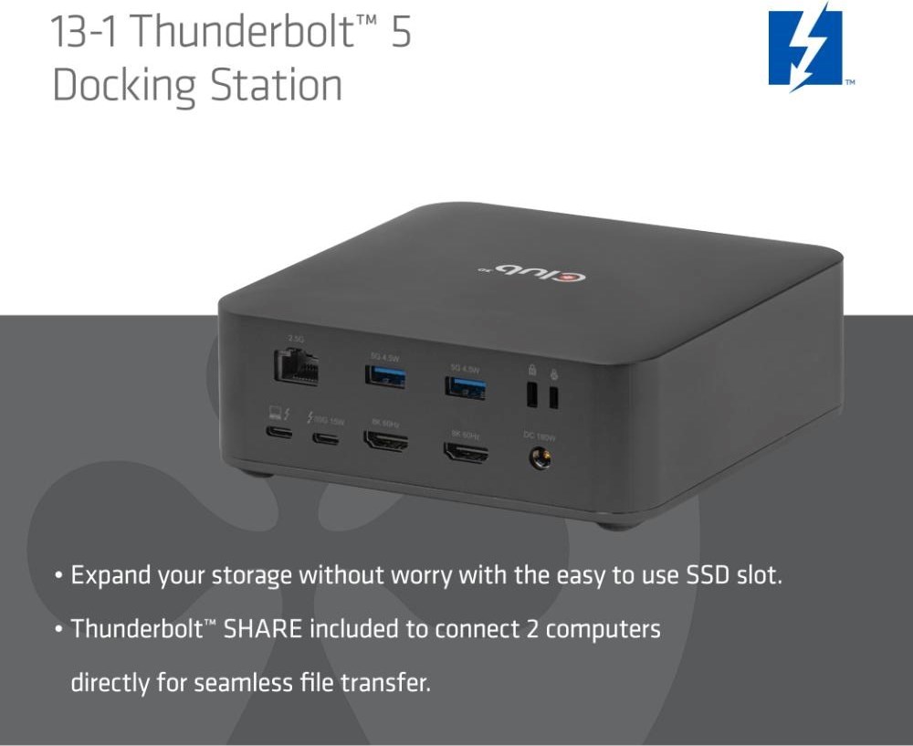 Club 3D Club3D Dokovací stanice Thunderbolt 5 13v1, 1x M.2 SSD slot, 1xUSB-C TB5, 2xUSB-C,3xUSB-A,2xHDMI,1xmicroSD/SD,1xEthernet