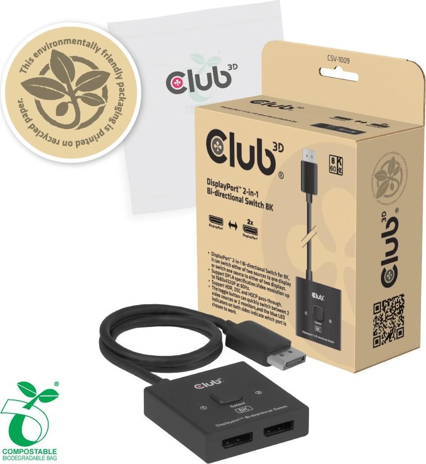 Club 3D Club3D Switch, DP na 2x DP Oboustranný 2v1, 8K60Hz, 0,5m