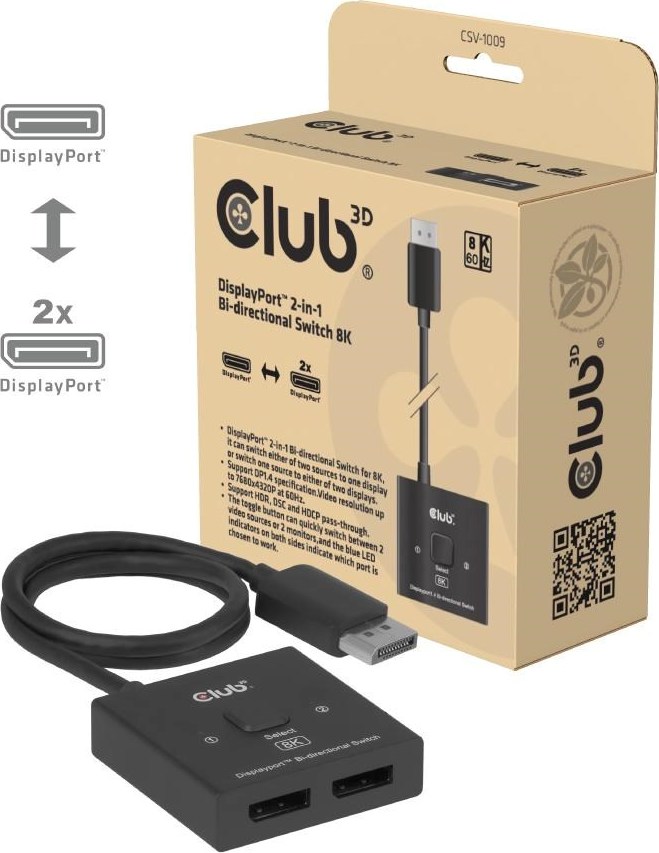 Club 3D Club3D Switch, DP na 2x DP Oboustranný 2v1, 8K60Hz, 0,5m