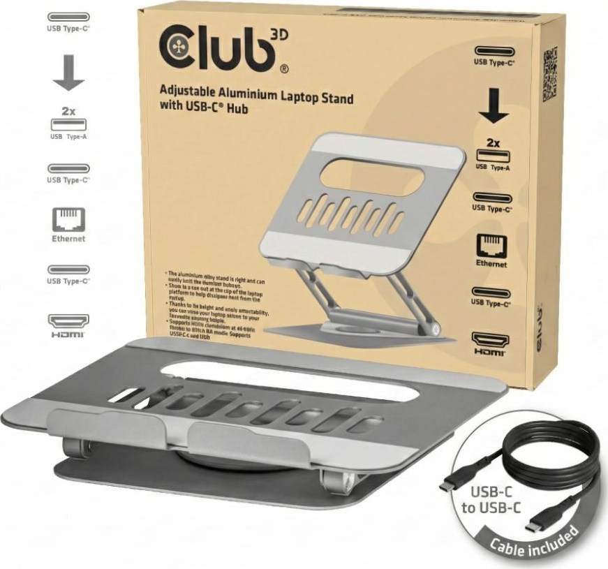 Club 3D Club3D Nastavitelný hliníkový stojan pro notebook s USB-C hubem na 2xUSB, 1xHDMI, 2xUSB-C, 1xRJ45, 360°, 100W, 4K60Hz