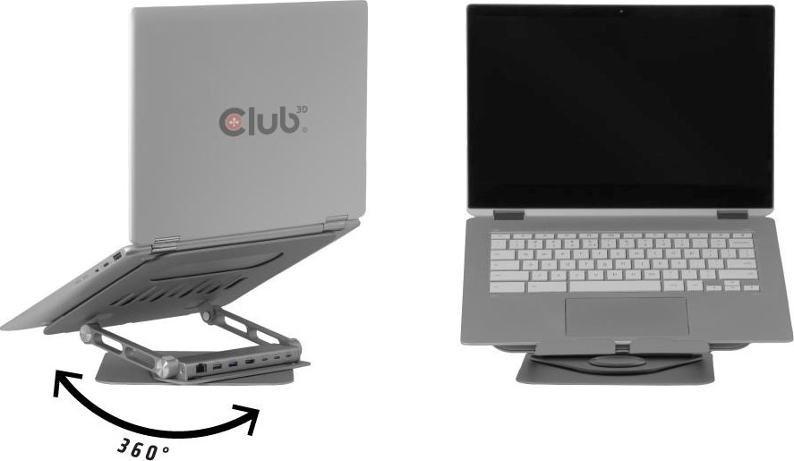 Club 3D Club3D Nastavitelný hliníkový stojan pro notebook s USB-C hubem na 2xUSB, 1xHDMI, 2xUSB-C, 1xRJ45, 360°, 100W, 4K60Hz
