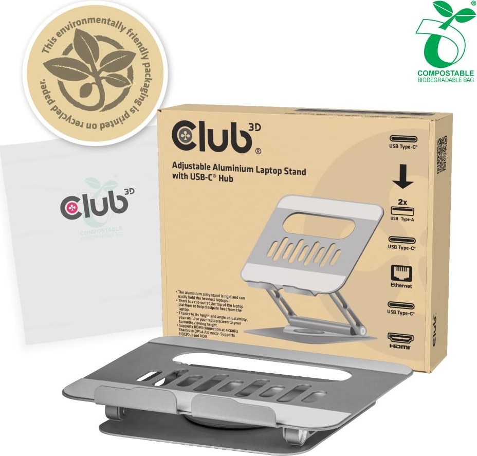 Club 3D Club3D Nastavitelný hliníkový stojan pro notebook s USB-C hubem na 2xUSB, 1xHDMI, 2xUSB-C, 1xRJ45, 360°, 100W, 4K60Hz