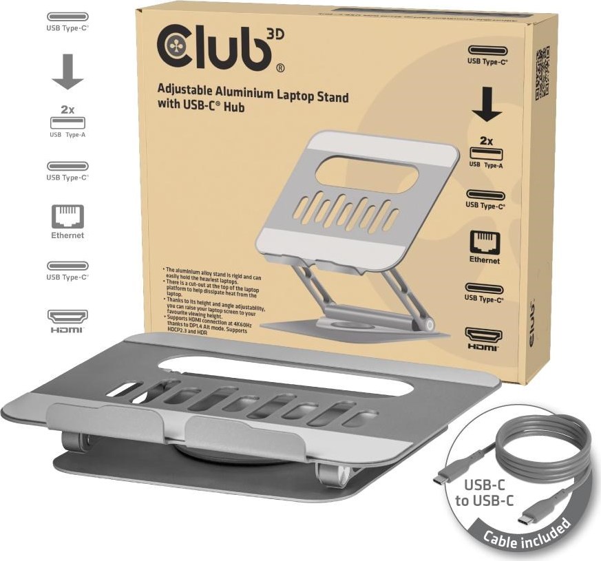 Club 3D Club3D Nastavitelný hliníkový stojan pro notebook s USB-C hubem na 2xUSB, 1xHDMI, 2xUSB-C, 1xRJ45, 360°, 100W, 4K60Hz