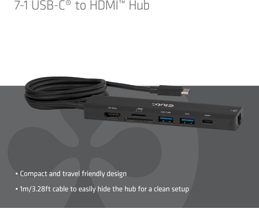Club 3D Club3D hub USB-C, 7-in-1 hub s 2x USB, 1xHDMI, 1xUSB-C PD, RJ45, microSD/SD, 140W, 4K60Hz, 1m kabel