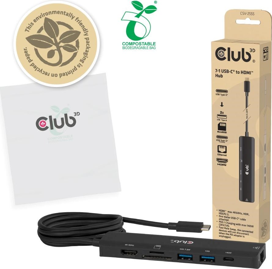 Club 3D Club3D hub USB-C, 7-in-1 hub s 2x USB, 1xHDMI, 1xUSB-C PD, RJ45, microSD/SD, 140W, 4K60Hz, 1m kabel