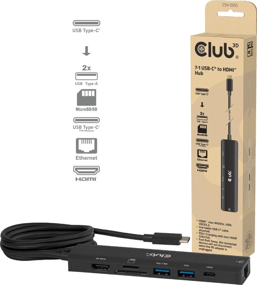 Club 3D Club3D hub USB-C, 7-in-1 hub s 2x USB, 1xHDMI, 1xUSB-C PD, RJ45, microSD/SD, 140W, 4K60Hz, 1m kabel