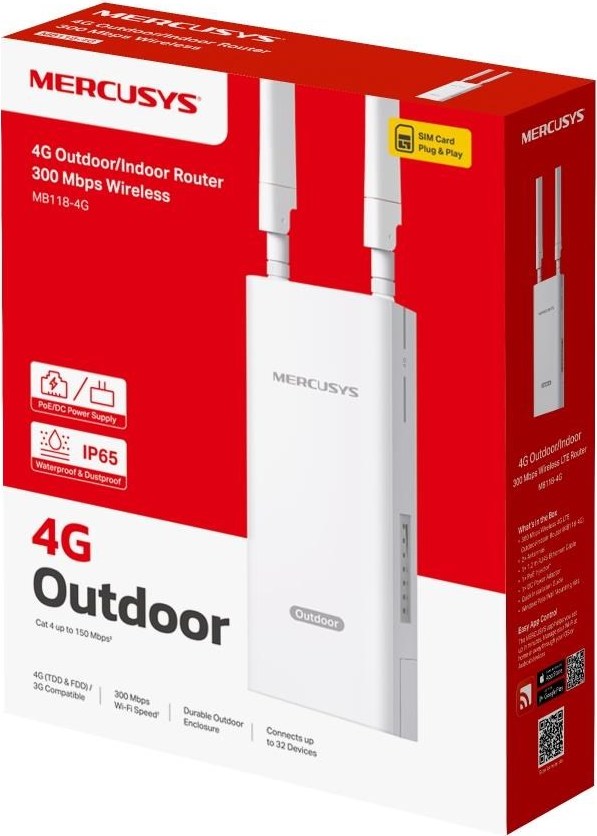 MERCUSYS MB118-4G venkovní-pout door WiFi4 router (N300, 4G LTE, 2,4GHz, 1x100Mb/s LAN/WAN,1xnanoSIM,1xPoE-Out)