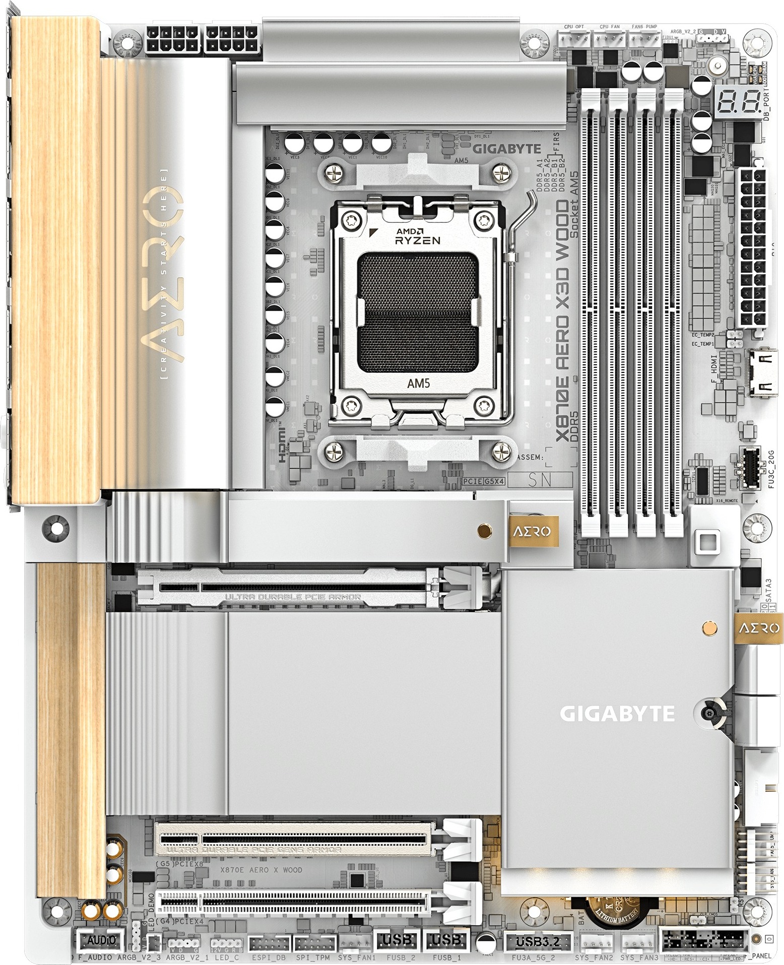 GIGABYTE MB Sc AM5 X870E AERO X WOOD, AMD X870E. 4xDDR5, 2xUSB-C, 2xHDMI, Wifi, ATX