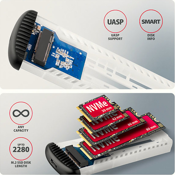 AXAGON EEM2-SC, USB-C 10Gbps externý box pre M.2 NVMe SSD, bezskrutkový, rebrovaný hliník