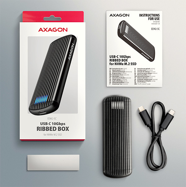 AXAGON EEM2-SC, USB-C 10Gbps externý box pre M.2 NVMe SSD, bezskrutkový, rebrovaný hliník