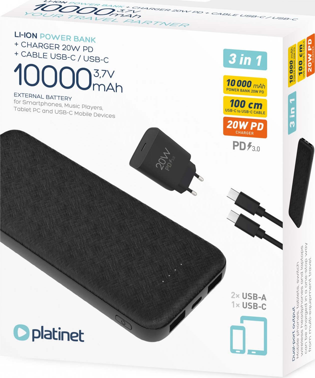MIX Platinet PMPB10SETB SET 3v1 Powerbanka 10000 mAh, Nabíjačka 20W Power Delivery, kábel USB-C 1m, black
