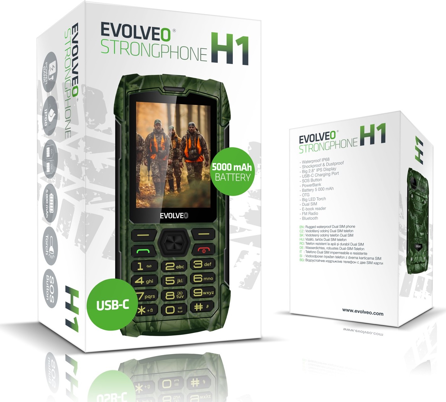 EVOLVEO StrongPhone H1, vodotěsný odolný Dual SIM telefon, kamufláž
