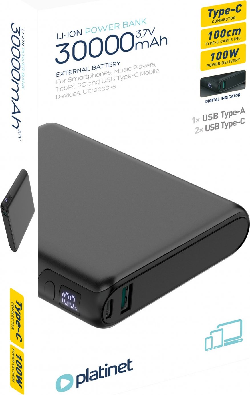MIX Platinet PMPB30DL301B Powerbanka 30000 mAh 100W Power Delivery, 2xUSB-C, 1xUSB-A, black