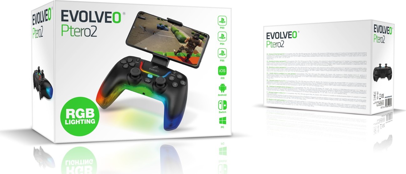 EVOLVEO Ptero2, bezdrátový & drátový gamepad pro PC, PS3/4/5, iOS, Android, Switch, černý