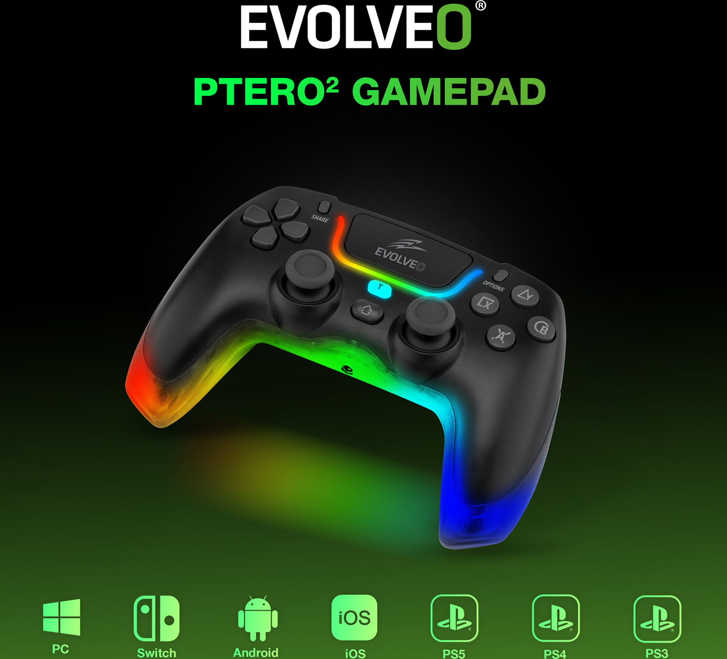 EVOLVEO Ptero2, bezdrátový & drátový gamepad pro PC, PS3/4/5, iOS, Android, Switch, černý