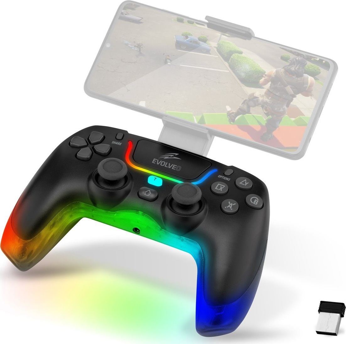 EVOLVEO Ptero2, bezdrátový & drátový gamepad pro PC, PS3/4/5, iOS, Android, Switch, černý