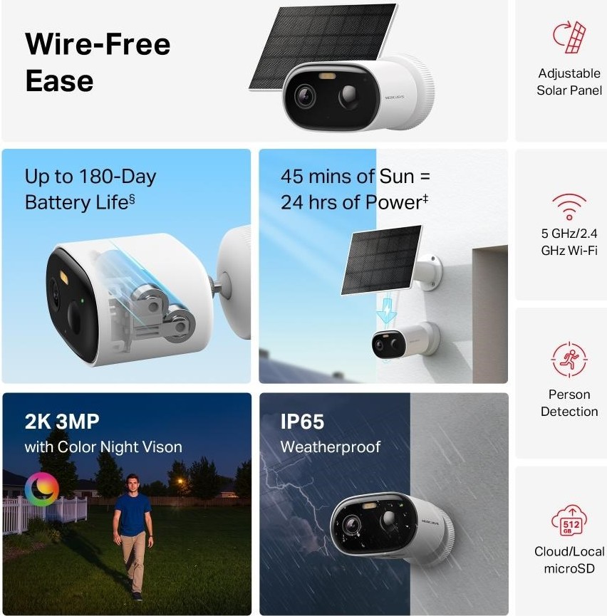 MERCUSYS MC410 KIT venkovní kamera, solární panel (2MP, 2K HD, 1296p, IR 10m, WiFi, micro SD card, IP65)