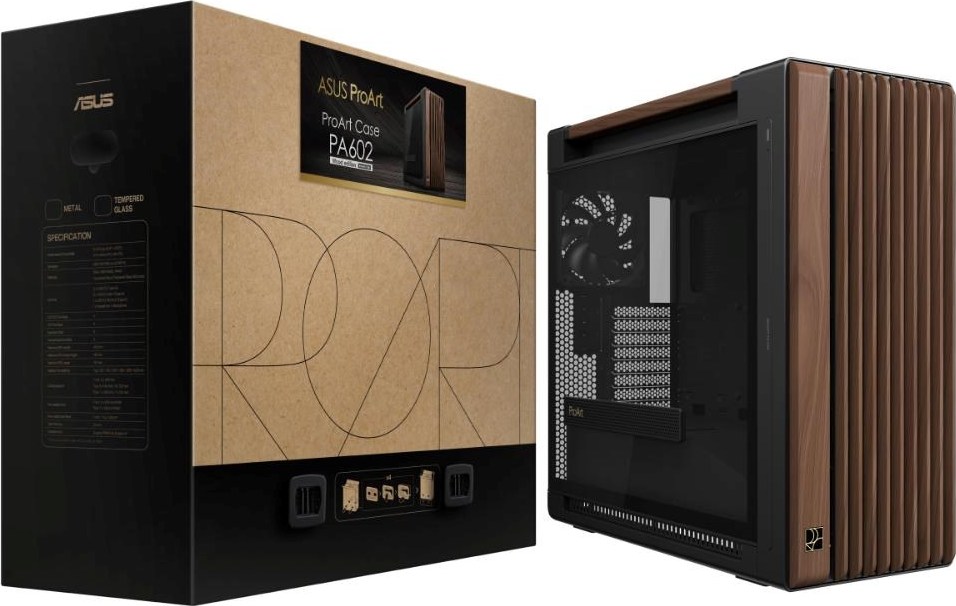 ASUS case PROART PA602 WALNUT WOOD MODERN TG, Mid Tower, průhledná bočnice, černá