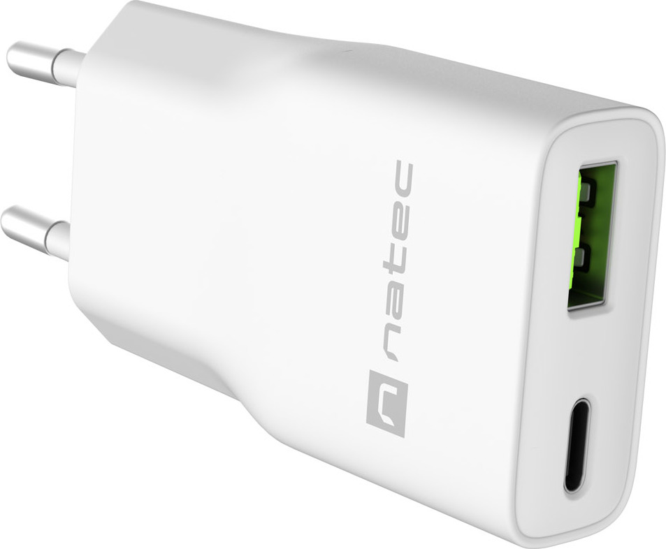 Univerzální USB nabíječka Natec RIBERA GaN SLIM, 20 W, 1X USB-A + 1X USB-C, Bílá