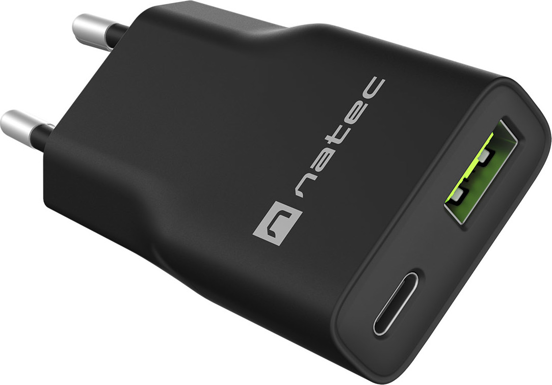 Univerzální USB nabíječka Natec RIBERA GaN SLIM, 20 W, 1X USB-A + 1X USB-C, Černá