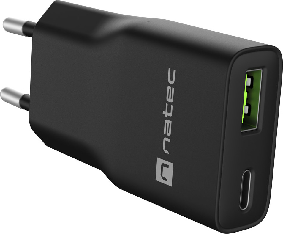 Univerzální USB nabíječka Natec RIBERA GaN SLIM, 20 W, 1X USB-A + 1X USB-C, Černá