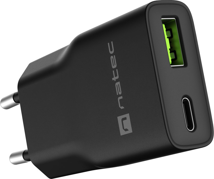 Univerzální USB nabíječka Natec RIBERA GaN SLIM, 20 W, 1X USB-A + 1X USB-C, Černá