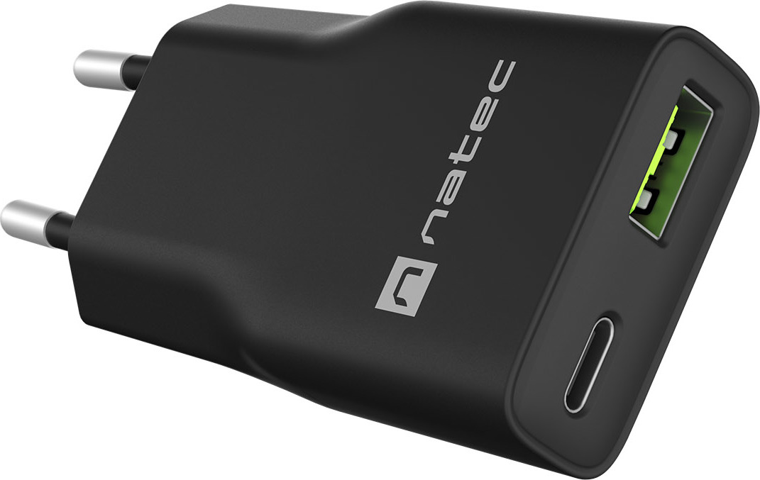 Univerzální USB nabíječka Natec RIBERA GaN SLIM, 20 W, 1X USB-A + 1X USB-C, Černá