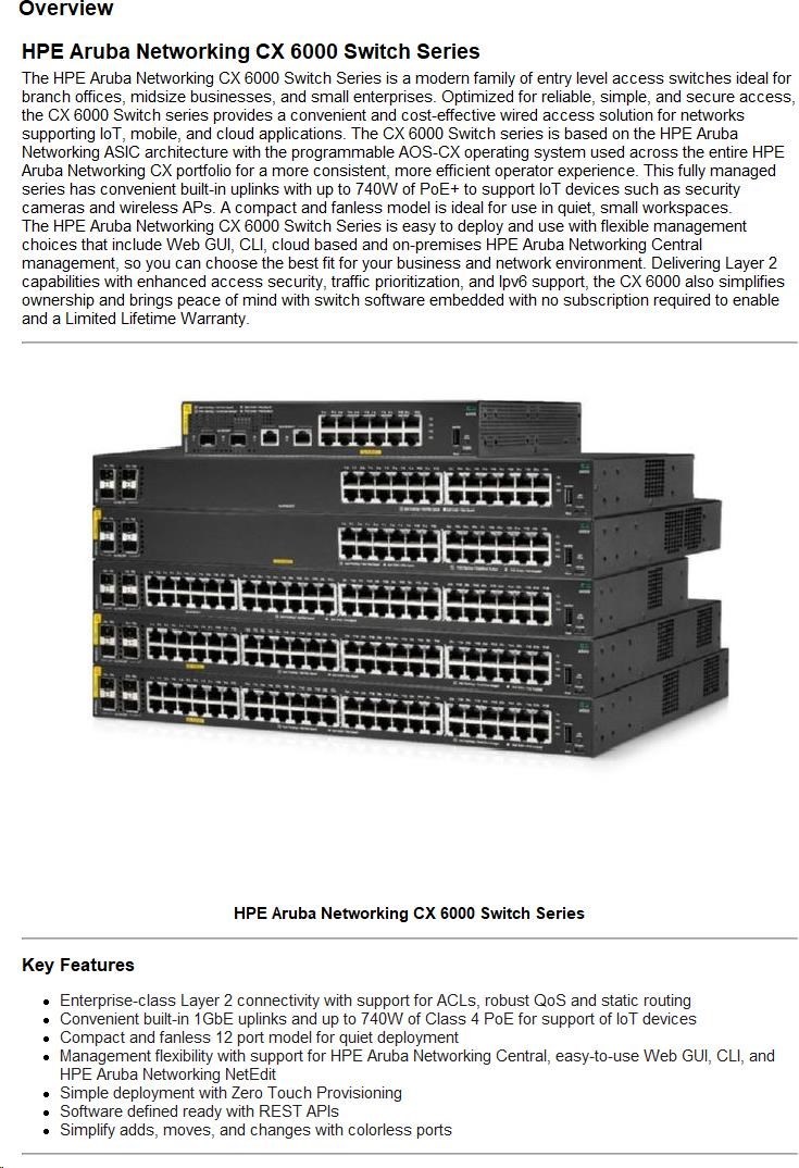 Hewlett Packard Enterprise HPE Aruba Networking CX 6000 48G 4SFP Switch