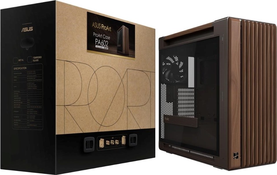ASUS case PROART PA602 WALNUT WOOD RETRO TG, Mid Tower, průhledná bočnice, hnědá
