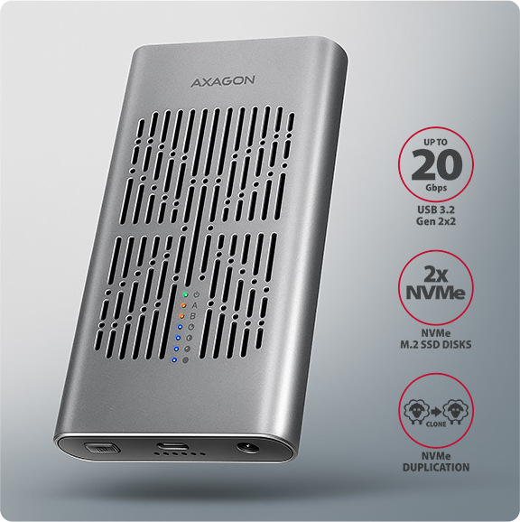 AXAGON EEM2-20GD, USB-C 20Gbps externý box pre dva M.2 NVMe SSD s funkciou klonovania