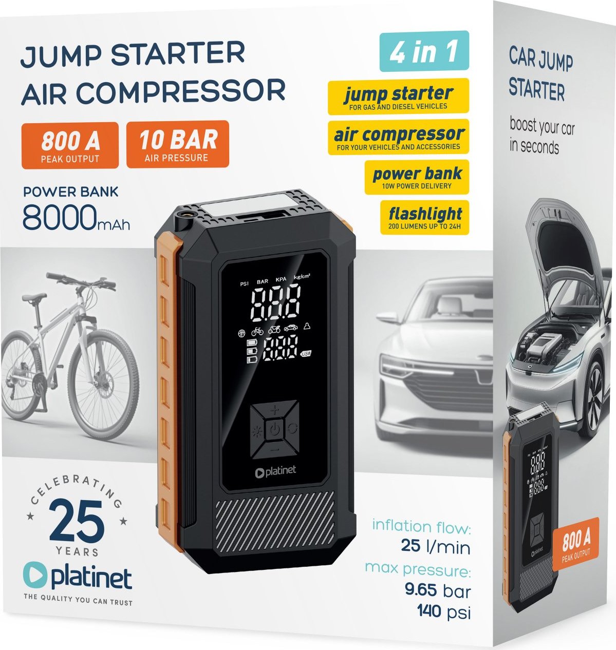 MIX Platinet PMPBTP Powerbanka 8000 mAh, JUMPSTARTER 800A, kompresor 25 l/min 10 BAR, black