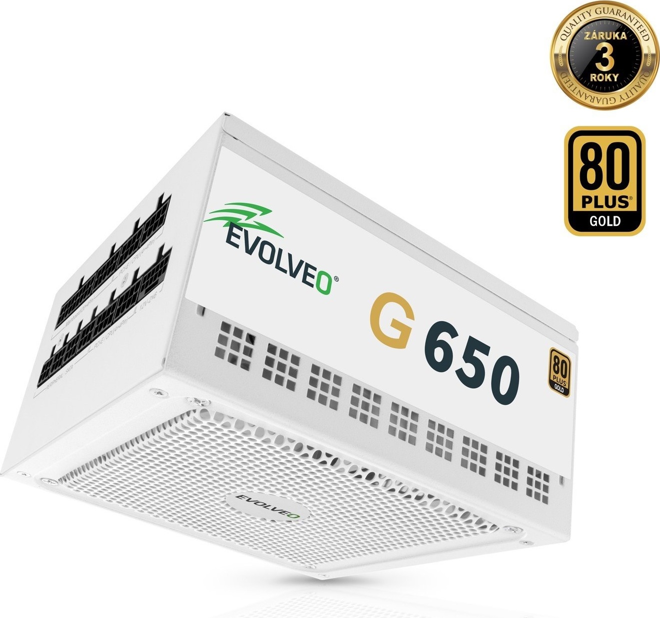 EVOLVEO G650, zdroj 650W, 80+ GOLD, ATX 3.1, aPFC, 140 mm ventilátor, plně modulární, záruka 3 roky, bílý