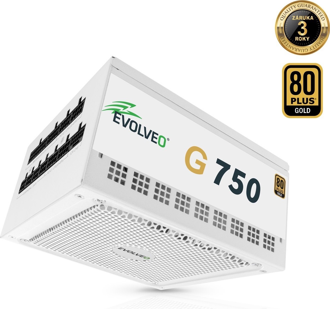 EVOLVEO G750, zdroj 750W, 80+ GOLD, ATX 3.1, aPFC, 140 mm ventilátor, plně modulární, záruka 3 roky, bílý