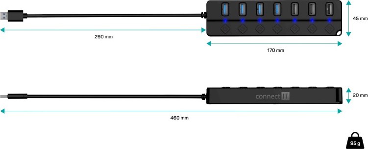 CONNECT IT USB Hub Mighty Switch 2, 4xUSB 3.0, 3xUSB 2.0, externí, černá
