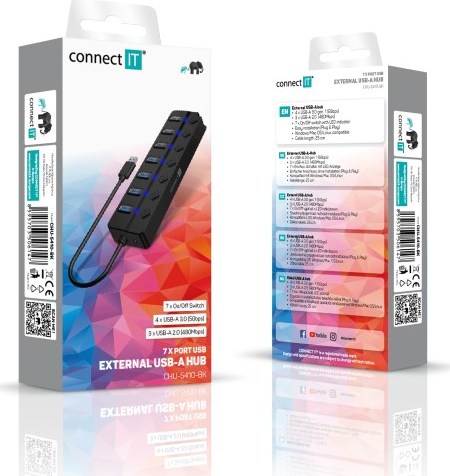 CONNECT IT USB Hub Mighty Switch 2, 4xUSB 3.0, 3xUSB 2.0, externí, černá