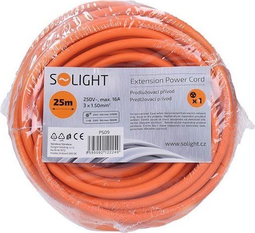 Solight prodlužovací přívod - spojka, 1 zásuvka, 25m, 3 x 1,5mm2, oranžová